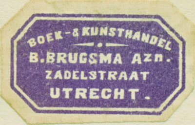 710184 Boeketiketje van Boek- & Kunsthandel B. Brugsma Azn., Zadelstraat [25] te Utrecht.N.B. Het bedrijf is rond 1927 ...